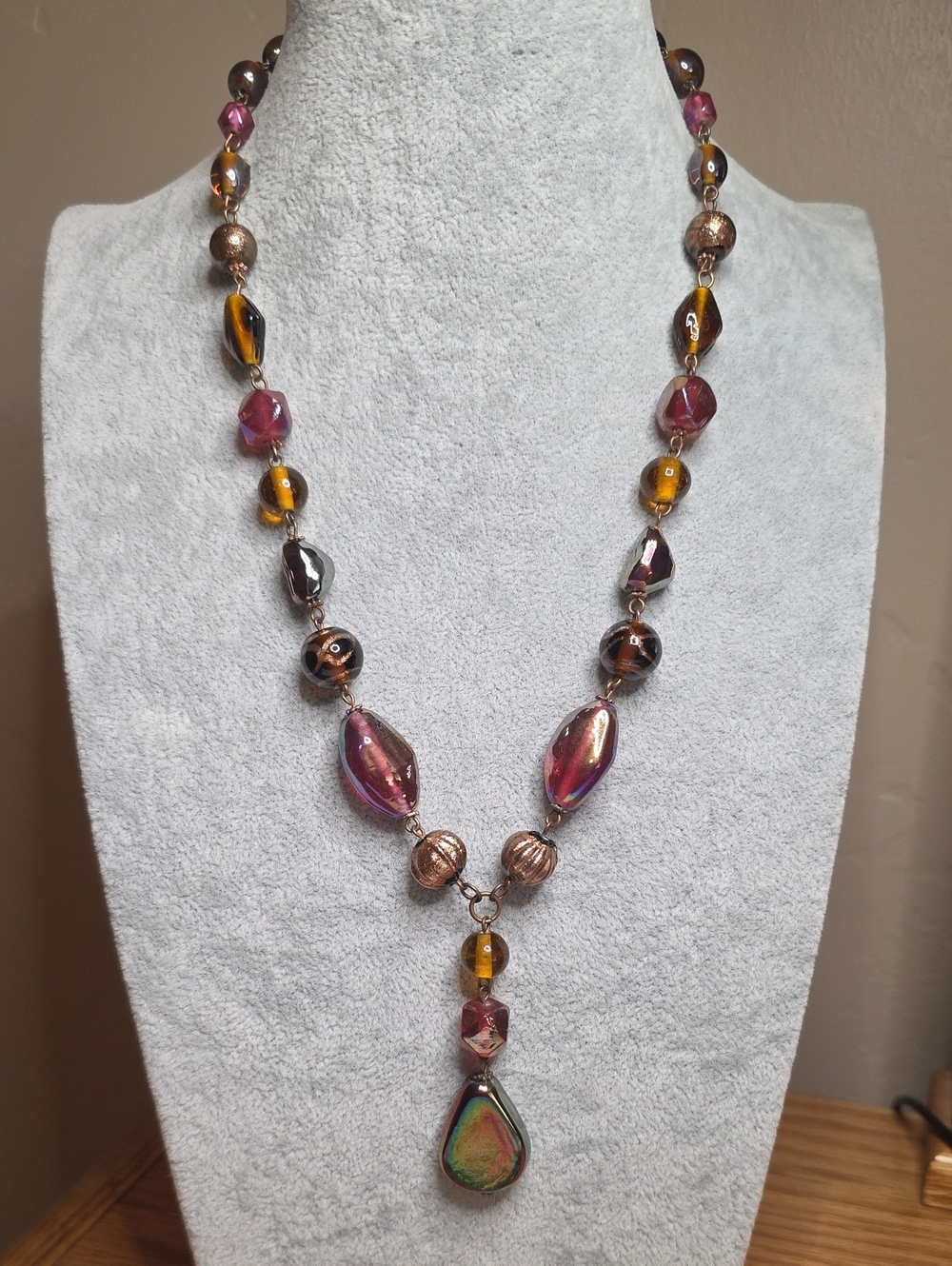 Boho Artisan Glass & Iridescent Tear Drop Y-Necklace